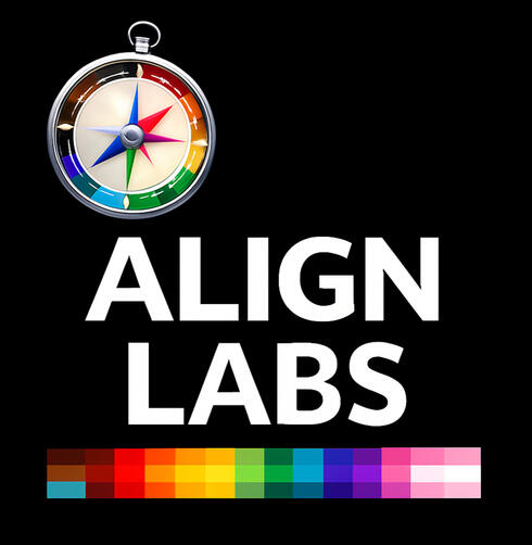 ALIGN LABS image with balance-scale icon and inclusive pride banner, symbolizing aligning strengths with a chosen calling, hobby, passion, or skill for older LGBTQIA2S+ adults and their gray divorcee friends.