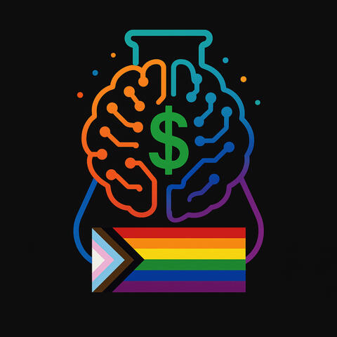 SidePlan AI LAB 0 SPai LABS logo: LGBTQIA2S+ androgynous profile with rainbow circuitry tree, green dollar symbol, and full pride bar. Experimental AI-based solopreneur lab for LGBTQIA2S+ aloners age 50+ and gray divorcees.